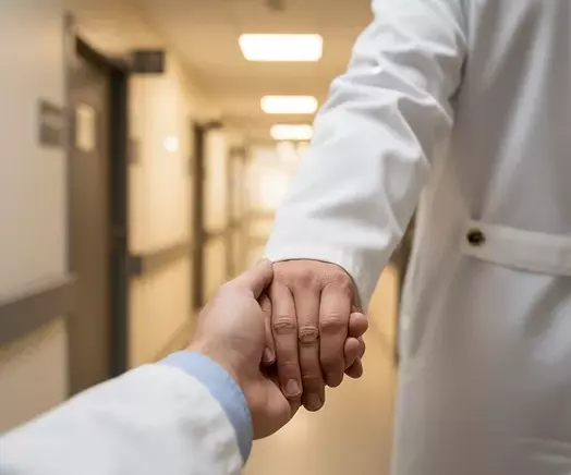 врач держит за руку пациента с алкогольной детоксикацией